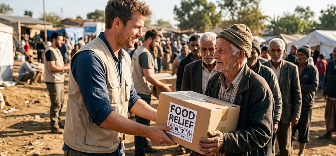 Miembros del equipo revisando datos de un proyecto humanitario en una tableta